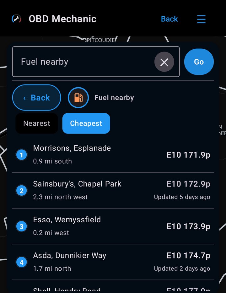 Fuel nearby, sorted cheapest first: four stations with their E10 price a litre and how far away they are